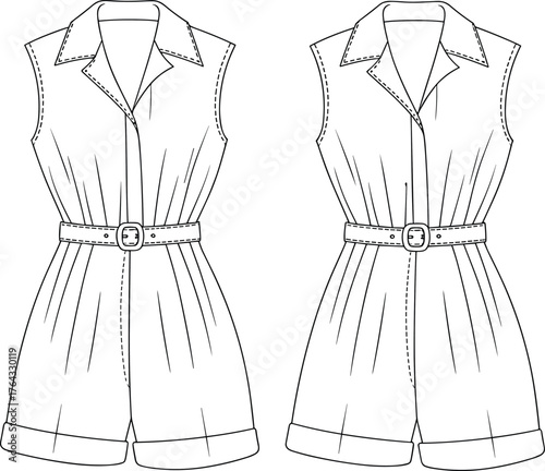 Women's stylish collared belted playsuit fashion flat technical sketch vector illustration for apparel design and clothing template.