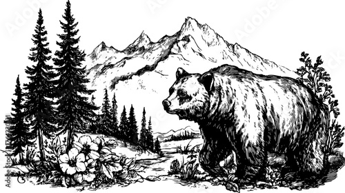 Bear in a forest landscape with mountains in the background. A detailed illustration showcasing trees, flowers, and nature elements in vector style.