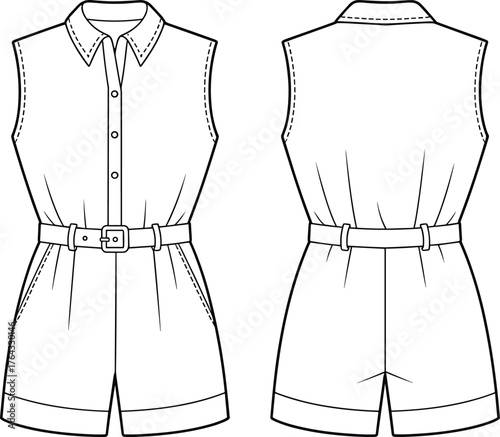 Women's stylish collared belted playsuit fashion flat technical sketch vector illustration for apparel design and clothing template.