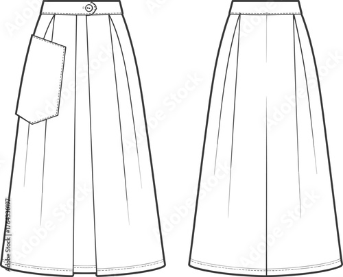 Women's stylish pleated midi skirt with flap pocket fashion flat technical sketch vector illustration for apparel design and clothing template.