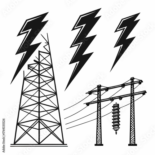 Vector art of electricity pylon and lightning