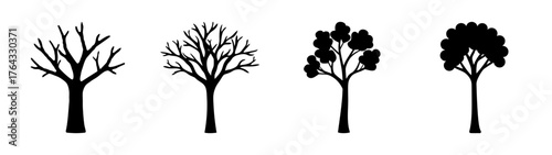 Collection of four distinct silhouette trees representing different seasons and growth stages