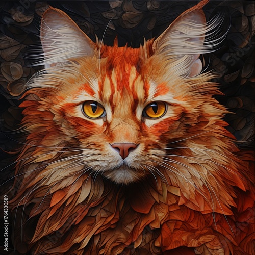 A stunning portrait of a ginger cat with bright golden eyes, featuring intricate details in its fur. The image showcases the cat s playful personality, perfect for art projects and cat lovers.
