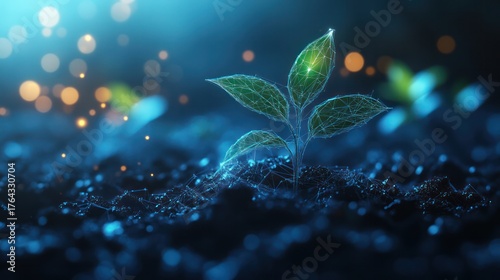 Growing plant is shown in soil with a drop of water. The design is low poly and features a blue geometric background technology digital data eco cyberspace internet connection.