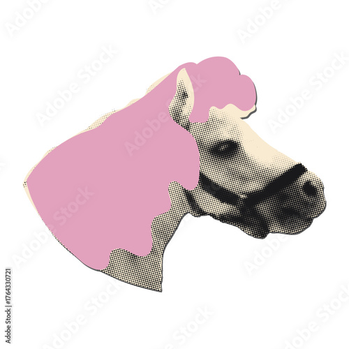 Animal art collage clipart. Funny halftone cut out horse head with pink doodle mane. Vintage dotted sticker, Modern retro grunge mixed media vector illustration on transparent background