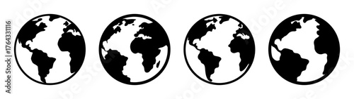 Four stylized earth globe icons depicting continents and oceans in monochrome