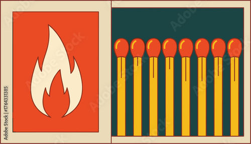 Vintage Matchbox with Unused Matches Illustration: Igniting Ideas & Solutions, Demonstrating Fire Safety Awareness, Fueling Creativity, Retro Aesthetic, Minimalist Design for Educational & Business Pr