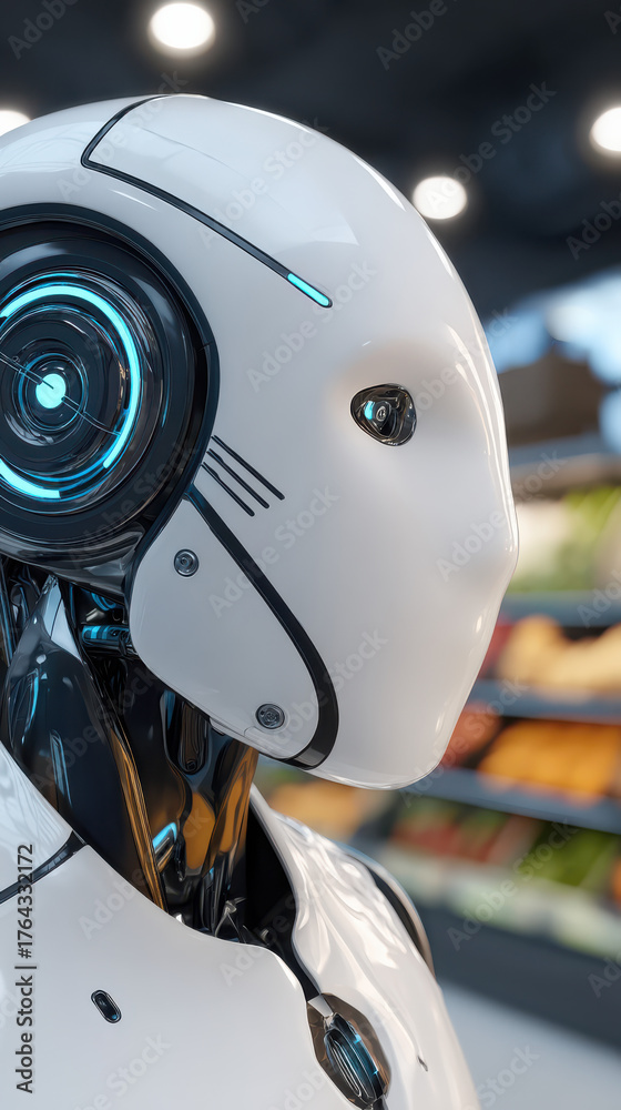 Fototapeta premium A futuristic humanoid robot with a glossy white exterior and glowing blue accents stands in a modern store aisle filled with products