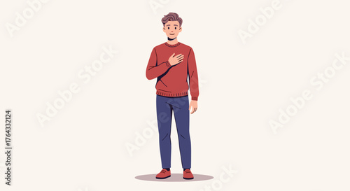 Sincere Young Man Standing with Hand on Heart Pledging Allegiance in a Gesture of Honesty, Patriotism and Respect in a Neutral Background, Illustration Style for Business, Education or Presentations (