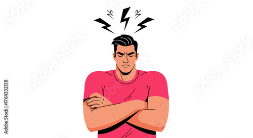 Angry Man with Crossed Arms Feeling Frustrated and Stressed Due to Burnout at Work, Experiencing Mental Health Issues in a Minimalist Style Illustration for Business Presentation, Website, or Advertis