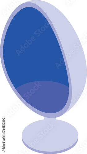 Modern egg chair rotating on a stand with blue upholstery, providing comfort and style