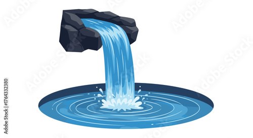 A Serene Waterfall Cascading into a Tranquil Pond, Creating Ripples, in a Lush Natural Environment for Relaxation and Meditation; Illustrative Symbol of Renewal, Purity, and Sustainable Water Resource