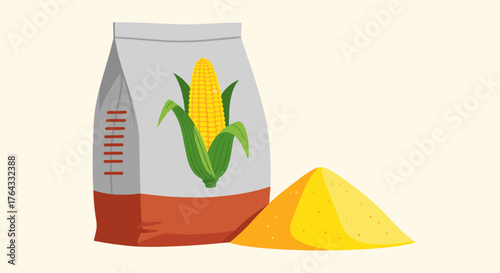 Illustrative Corn Flour Package Next to Heap of Cornmeal for Baking Projects: Culinary Ingredient Preparation, Farm-to-Table Kitchen Staple, Grain Food Source, Maize Derivative, Traditional Cooking, O