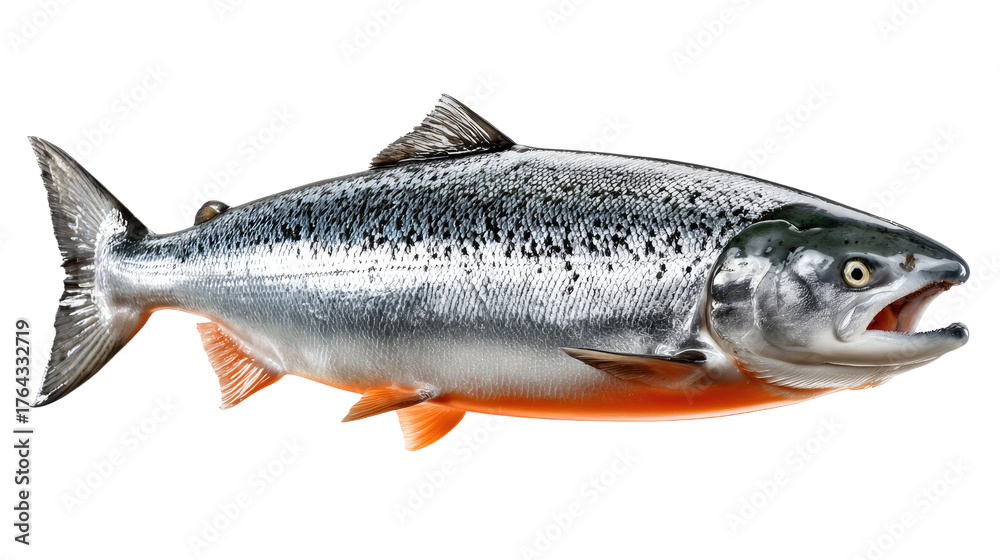 Naklejka premium Silver Salmon Portrait: A close-up shot of a silver salmon, showcasing its sleek body and unique features. Captured in pristine clarity, highlighting its fresh, vibrant appearance.