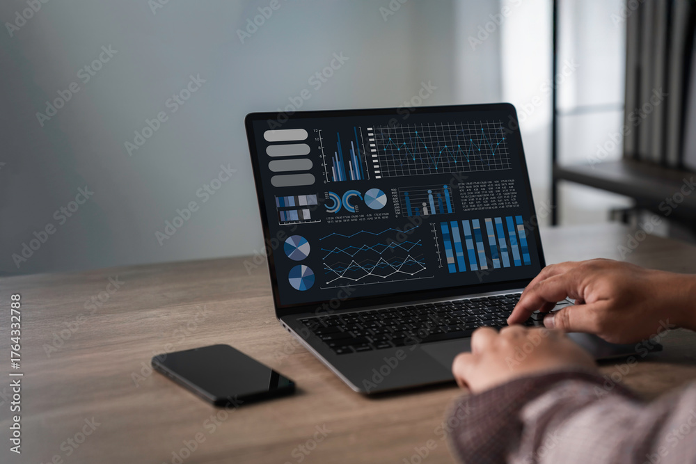 Fototapeta premium Businessman analysis dashboard research strategy of the financial database indicators (KPIs) using Business planned targets, success.
