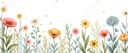 Colorful wildflower and abstract green plant watercolor banner for summer. Ideal for cards, borders, wallpaper, posters, or templates.