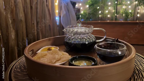 Asian traditional hot tea, morning light , retro tea set.