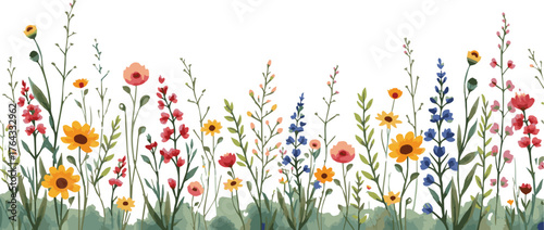 Watercolor floral seamless pattern with colorful wildflowers, plants, and grass. Isolated panoramic horizontal meadow border in vintage style.