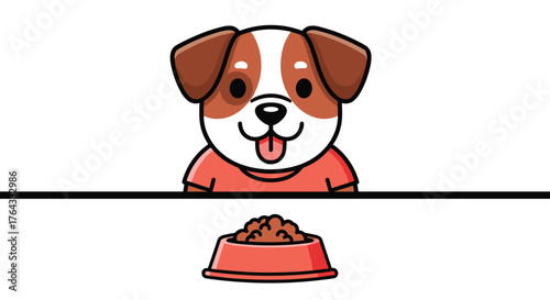 Delightful Cartoon Dog Eagerly Anticipating Meal in Bowl, Expressing Excitement in Home Setting, Perfect for Pet-Related Marketing and Educational Materials, Featuring Adorable Puppy with Happy Expres
