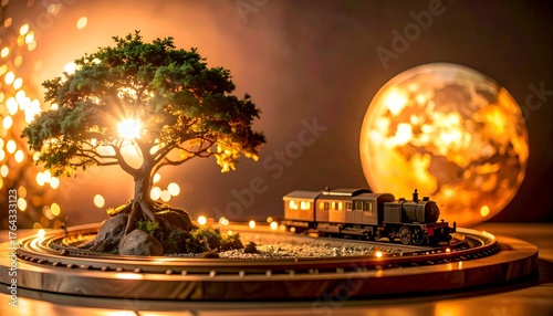 a train circling the Christmas tree