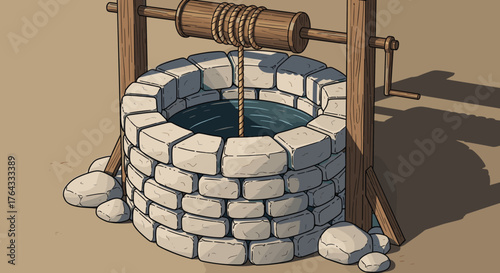 Old Stone Water Well with Wooden Crank Illustration, Drawing Water in a Rural Setting, Farmhouse Decor, Outdoor Structure, Vector Design, Traditional Style for Agriculture Marketing, Water Conservatio