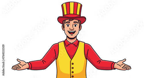 Smiling Cartoon Ringmaster Welcoming Performers to the Circus Stage, a Nostalgic Invitation to Fun and Games, Bright Colors and Optimism, Perfect for Children's Entertainment, Advertising, Marketing M