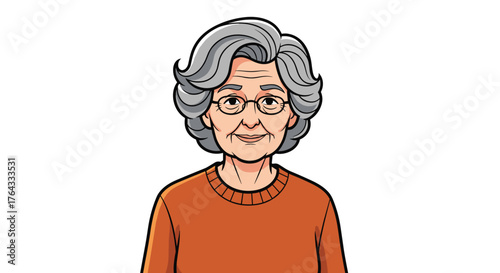 Smiling Mature Woman Portrait with Gray Curly Hair, Wearing Glasses and Orange Sweater, Against White Background - Illustration for Healthcare Marketing, Senior Lifestyle, and Retirement Planning Pres