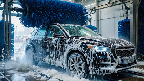 Black car in automatic car wash with foam and rotating blue brushes. Modern vehicle cleaning service, car care and maintenance concept. Car wash special offer