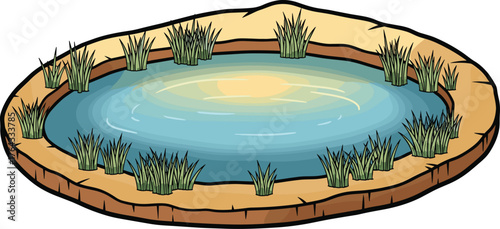 Cartoon Pond with Aquatic Plants in a Tranquil Environment, Reflecting Sunlight, Ideal for Ecological Illustration, Educational Material, and Animated Presentation on Nature Conservation, Water Ecosys