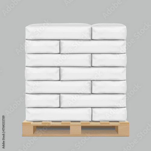 Vertical big heavy bag mockups for chemical products on wooden pallet. High realistic vector illustration isolated on grey background. Ready for use in presentation, promo, advertising. EPS10.