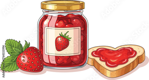 Delicious Strawberry Jam on Heart-Shaped Toast, Beside Fresh Strawberries and a Sealed Jar, Perfect for Breakfast or Brunch, Ideal for Food Blog, Recipe Illustration, or Healthy Lifestyle Marketing wi