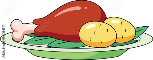 Roasted Turkey Leg on a Plate with Potatoes Illustration for Thanksgiving Feast and Holiday Dining, Catering Service, Festive Meal, Classic Dinner, Graphic Design Element, Culinary Art, Cartoon Style,