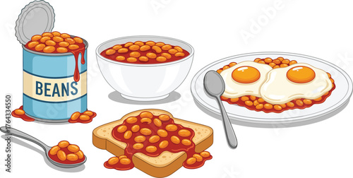 Delicious Baked Beans Culinary Still Life Display: Featuring Nutritious Beans in Tomato Sauce on Toast, Spoon, Plate with Fried Eggs & Bowl for a Hearty Breakfast, Lunch or Brunch, Presented in Clean,