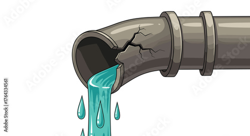 Leaking Pipe Cartoon Illustration Showing Water Waste, Damage, and Infrastructure Problems for Environmental Campaigns & Plumbing Services, Repair & Maintenance Concepts. A Colorful Design Style for E