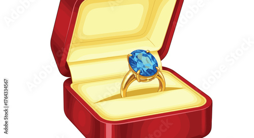 Elegant Gold Engagement Ring with Oval Blue Gemstone Presented in a Red Jewelry Box, Symbolizing Commitment and Love, Ideal for Romantic Proposals, Wedding Announcements, E-commerce, Marketing Materia