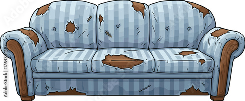 Worn Out Striped Sofa with Rips and Tears in a State of Disrepair Against a White Backdrop Interior Decor Element, Representing Neglect, Poverty or Abandonment for Creative Projects and Design Use Cas