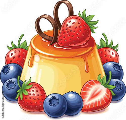 Delicious Flan Dessert with Berries Illustration: Classic Caramel Custard Pudding with Fresh Strawberries and Blueberries on Top for Sweet Treat Presentation, Restaurant Menu Design, or Patisserie Adv