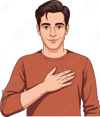 Sincere Young Man Pledging Allegiance with Hand Over Heart, Illustration in Studio - Loyalty, Patriotism, Honesty, Trust, Respect, Commitment in Brown Tones for Patriotic Presentation and Marketing, B