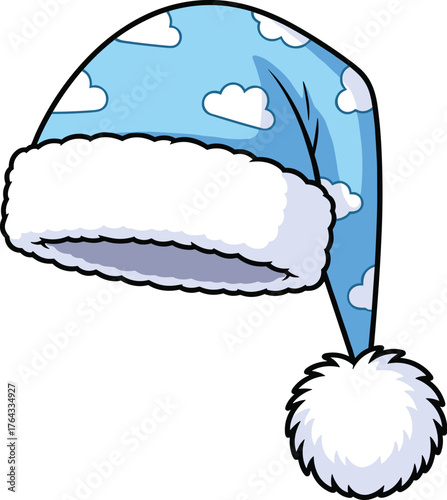 Cartoon Nightcap for Sweet Dreams: An Adorable Illustration of a Blue Sleeping Hat with Clouds for Children's Sleepwear Designs, Cozy Bedtime Stories, or Baby Apparel, Comfy, Cute, Light Blue, Fluffy,