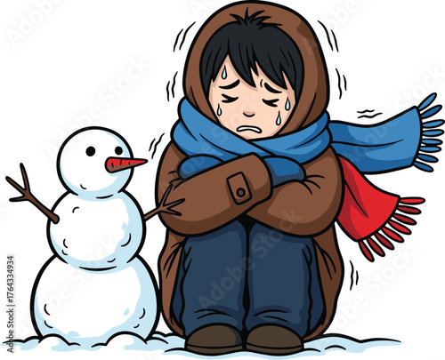 Freezing Young Person Shivering Outdoors in Winter Beside Snowman, Cold Temperature,  Sadness, Wearing Warm Clothes, Illustration for Healthcare, Education, Lifestyle Presentations, Marketing Material