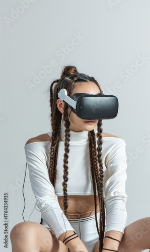 Young woman with long braids sits wearing a virtual reality headset