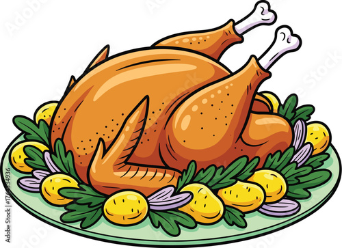 Golden Roasted Turkey Ready to Serve on Platter with Garnishes, Celebrating Thanksgiving Holiday Feast with Family, Traditional Dinner, Holiday Meal, Cartoon Illustration for Food Blog, Recipe Card, F