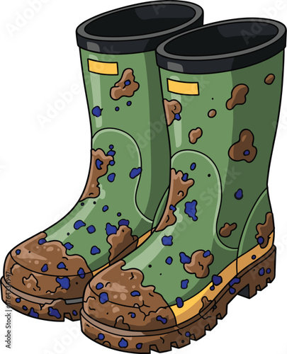 Pair of Green Muddy Rubber Rain Boots Standing After Gardening, Messy Outdoor Footwear for Yard Work, Farming and Agriculture Projects, Cartoon Illustration Style for Children's Books and Weather Fore