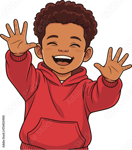 Cheerful African American Boy Waving Hello with Enthusiasm in Cartoon Style, Expressing Joy and Happiness in a Vibrant Red Hoodie, Perfect for Children's Educational Materials, Healthcare Campaigns, a