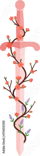 Elegant Sword Adorned with Blossoming Cherry Flowers & Lavender Sprigs Illustration - Fantasy Weapon Symbolizing Springtime Renewal and Natural Beauty for Magical Tales & Serene Graphic Designs (Moder