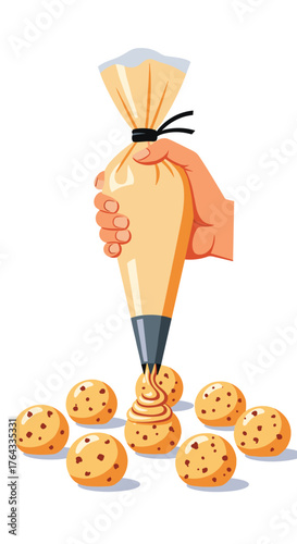 Hand Decorating Cream Puffs with Pastry Bag on White Backdrop - Dessert Preparation for Festive Gatherings, Catering Events & Culinary Presentations – Delicious Treats, Patisserie Skills, Fine Dining