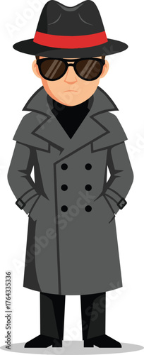 Mysterious Man in Trench Coat Standing, Private Investigator or Detective Concept, Undercover Agent on a Secret Mission, Shady Character with Sunglasses, Fedora Hat, Crime Noir Style, Surveillance Wor