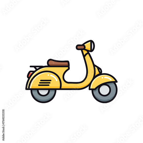 A bright yellow retrostyle scooter illustration with a brown seat and bold black outlines.