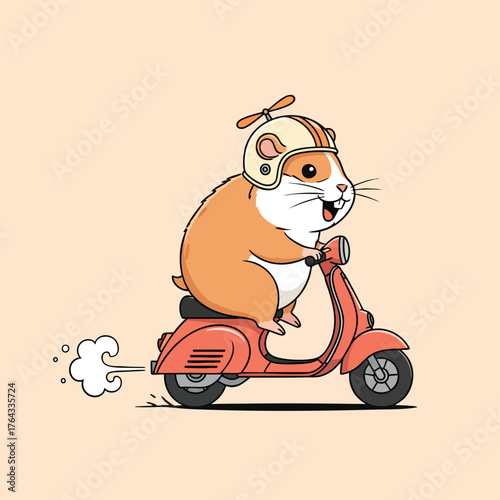 A cheerful cartoon hamster wearing a propeller helmet joyfully rides a vintage red scooter.