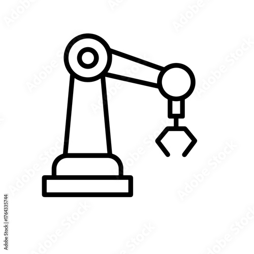Minimal line icon of industrial robotic arm with claw, representing automation and modern manufacturing technologies